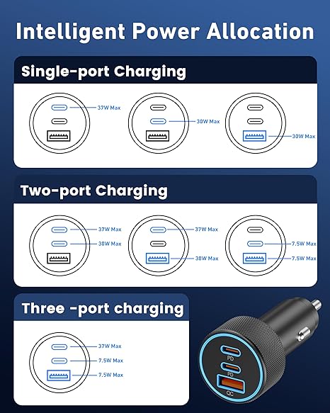 USB C Car Charger, 3-Port 67W Dual USB-C & USB-A Car Power Adapter PD/QC Fast Charging