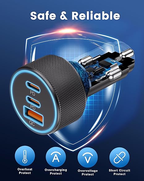 USB C Car Charger, 3-Port 67W Dual USB-C & USB-A Car Power Adapter PD/QC Fast Charging