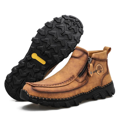 (⏰Last Day 70% OFF🔥)Men's Top-Quality Motorcycle Boots Genuine Leather Hand-Stitched Ankle Boots-Wide Toe, Waterproof， Anti-Slip， Anti-Sprain，Suitable for Work, Driving, Hiking