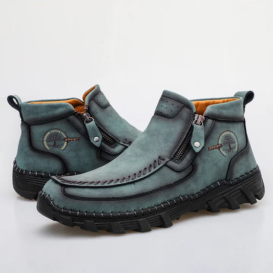 (⏰Last Day 70% OFF🔥)Men's Top-Quality Motorcycle Boots Genuine Leather Hand-Stitched Ankle Boots-Wide Toe, Waterproof， Anti-Slip， Anti-Sprain，Suitable for Work, Driving, Hiking
