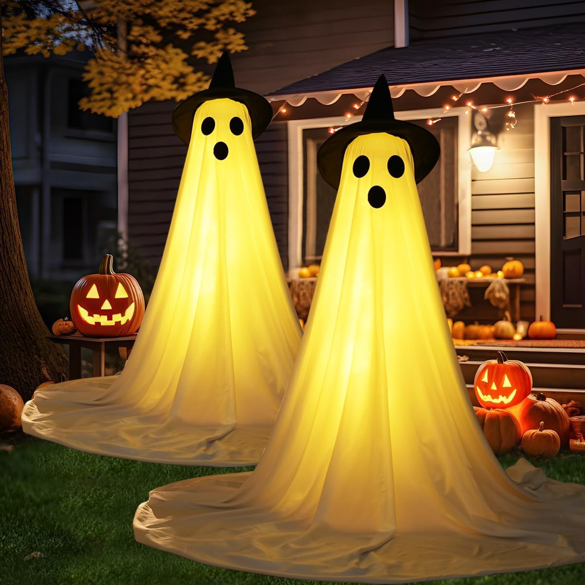 [Minuterie] Lot de 2 décorations d'Halloween avec lumières LED pour porche, cour, jardin, maison