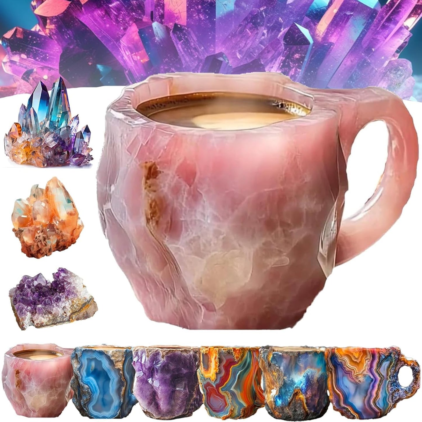 Kaffeetassen aus Mineralkristall, 2024 neue mehrfarbige Kaffeetasse aus Mineralkristall, Kaffeetasse aus natürlichem Mineralkristall, farbenfrohe Weihnachtstassen aus Kristall, elegantes Weihnachtsgeschenk für das Homeoffice