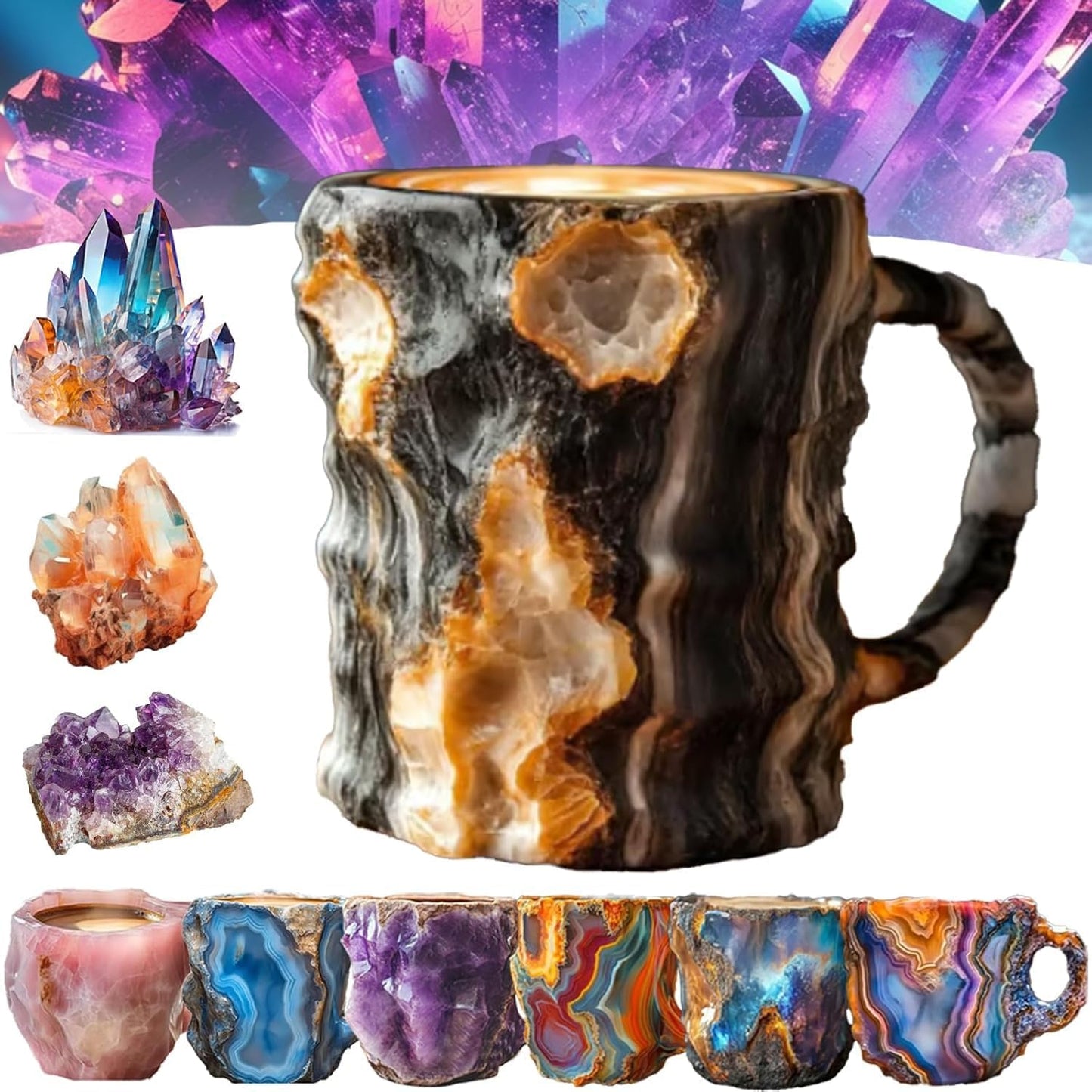 Kaffeetassen aus Mineralkristall, 2024 neue mehrfarbige Kaffeetasse aus Mineralkristall, Kaffeetasse aus natürlichem Mineralkristall, farbenfrohe Weihnachtstassen aus Kristall, elegantes Weihnachtsgeschenk für das Homeoffice