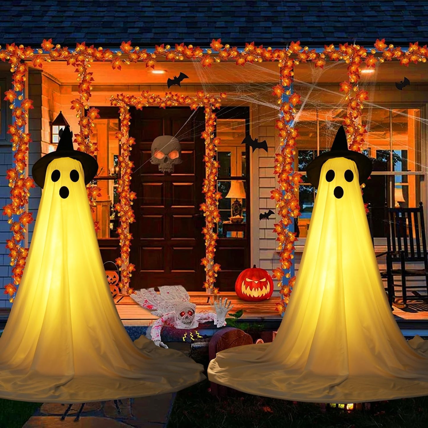 [Minuterie] Lot de 2 décorations d'Halloween avec lumières LED pour porche, cour, jardin, maison